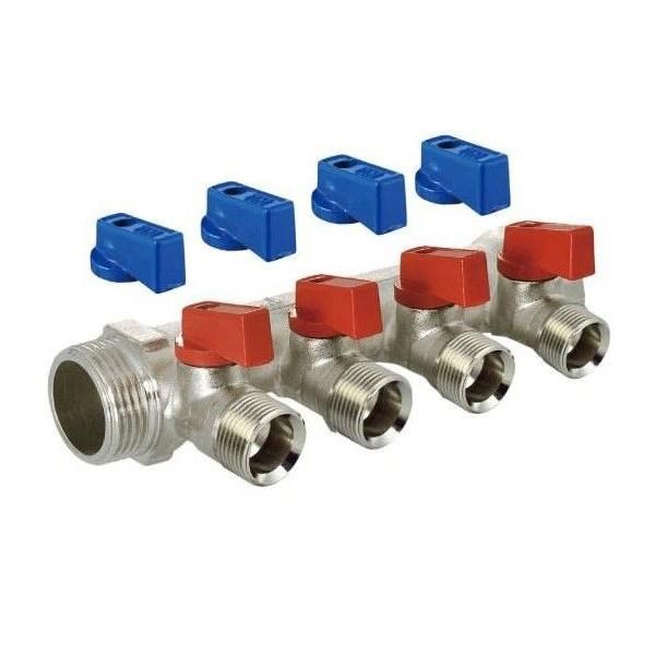 Распределительный коллектор флажковый с шаровыми кранами TIM 3/4"-1/2" - 4 выхода (красные и синие ручки)  [1 шт.], арт. MV-3/4-N-4 MV-3/4-N-4