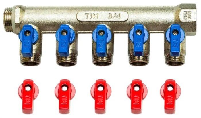 Распределительный коллектор флажковый с шаровыми кранами TIM 3/4"-1/2" - 5 выхода (красные и синие ручки)  [1 шт.], арт. MV-3/4-N-5 MV-3/4-N-5