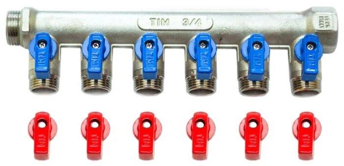Распределительный коллектор флажковый с шаровыми кранами TIM 3/4"-1/2" - 6 выхода (красные и синие ручки)  [1 шт.], арт. MV-3/4-N-6 MV-3/4-N-6