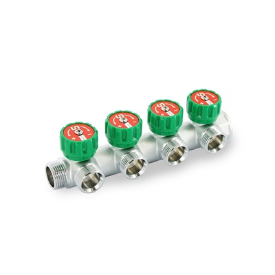 Коллектор НВ 3/4" х 4 вых 3/4" ЕК, с выходами под 90°, 45 мм, с вентилями, хром 887659