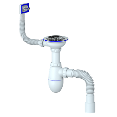 Сифон 3 1/2*40 B425P с прямоуг. переливом, с гофрой 40*40*50  UNICORN (винт, шток, ручка - пластик) 541219