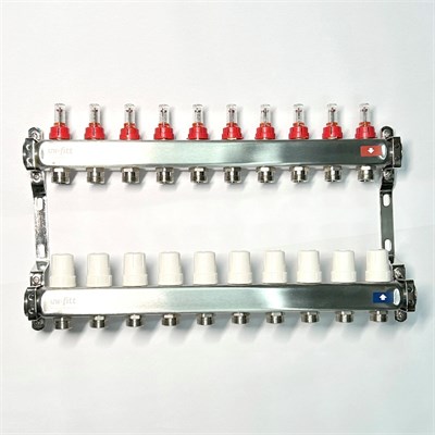 Колл.группа 1" х 10 вых 3/4" с расходомерами и термостатическими вентилями без конц, нерж. сталь 863708