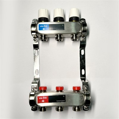 Колл.группа 1" х 3 вых 3/4" с балансировочными и термостатическими вентилями без конц, нерж. cталь 874535