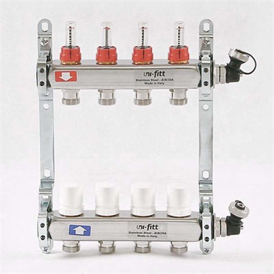 Колл.группа 1" х 4 вых 3/4" с расходомерами и термостатическими вентилями, нерж. сталь 869409