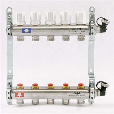 Колл.группа 1" х 5 вых 3/4" с балансировочными и термостатическими вентилями, нерж. сталь 884282