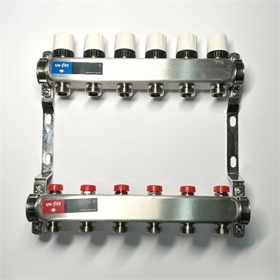 Колл.группа 1" х 6 вых 3/4" с балансировочными и термостатическими вентилями без конц, нерж. cталь 884217