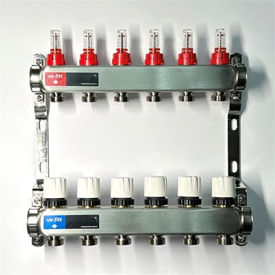 Колл.группа 1" х 6 вых 3/4" с расходомерами и термостатическими вентилями без конц, нерж. сталь 875901