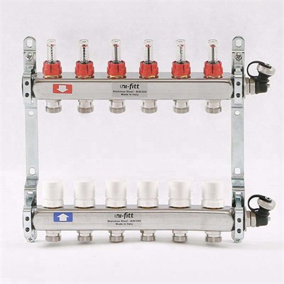 Колл.группа 1" х 6 вых 3/4" с расходомерами и термостатическими вентилями, нерж. сталь 883544