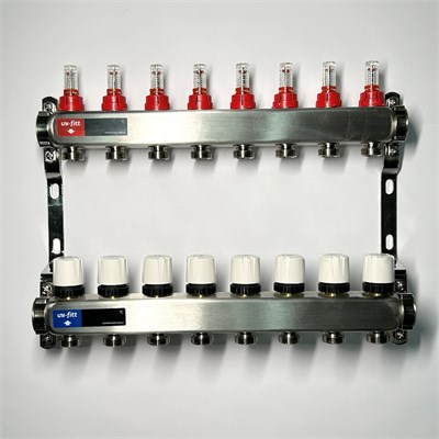 Колл.группа 1" х 8 вых 3/4" с расходомерами и термостатическими вентилями без конц, нерж. сталь 874078
