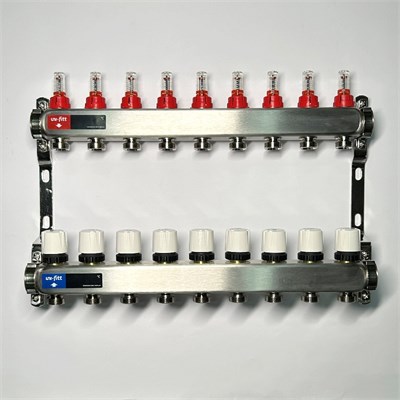 Колл.группа 1" х 9 вых 3/4" с расходомерами и термостатическими вентилями без конц, нерж. сталь 864188