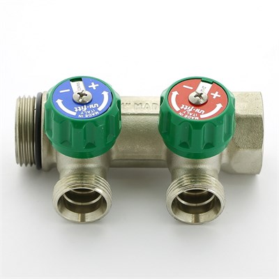 Коллектор НВ 1" х 2 вых 3/4" ЕК, вых 90', 50 мм, с вентилями, никель 877483