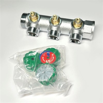 Коллектор НВ 1" х 3 вых 3/4" ЕК, вых 90', 45 мм, с вентилями, хром 884770