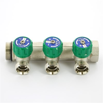 Коллектор НВ 1" х 3 вых 3/4" ЕК, вых 90', 50 мм, с вентилями, никель 879559