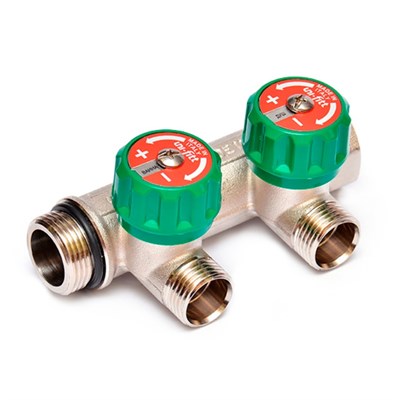 Коллектор НВ 3/4" х 2 вых 1/2" под п/прокладку, вых 90', 50 мм, с вентилями, никель 874479