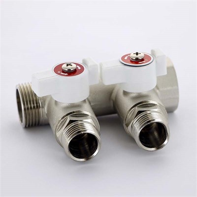 Коллектор НВ 3/4" х 2 вых 1/2" под соединитель, с кранами, никель 879405