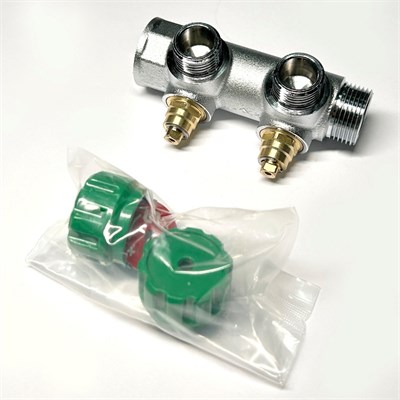 Коллектор НВ 3/4" х 2 вых 1/2" универсальный, вых 90', 45 мм, с вентилями, хром 876551