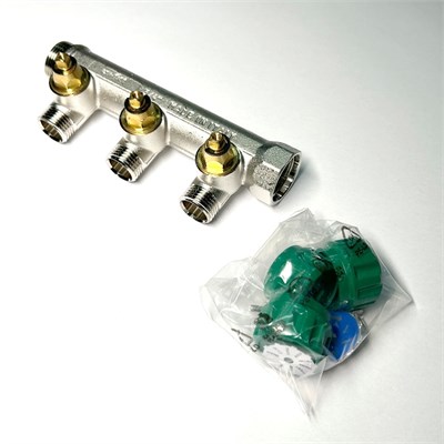 Коллектор НВ 3/4" х 3 вых 1/2" под соединитель, вых 90', 50 мм, с вентилями, никель 862516