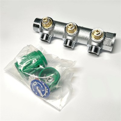 Коллектор НВ 3/4" х 3 вых 1/2" универсальный, вых 90', 45 мм, с вентилями, хром 869166