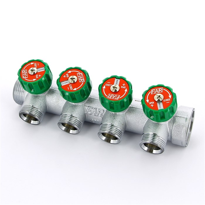 Регулирующий коллектор 1" (ВР-НР) с 4 отв. 3/4" НР (межосев. 45 мм) 861853