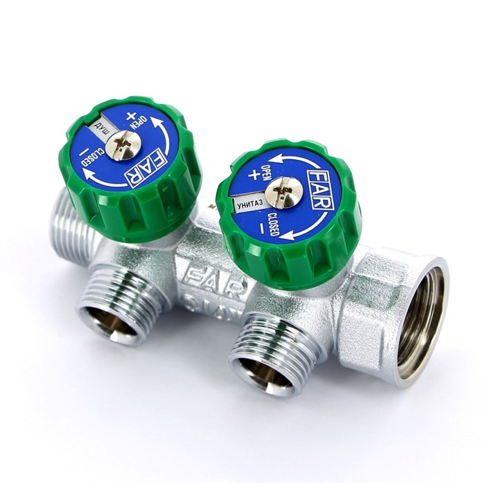 Регулирующий коллектор 3/4" (ВР-НР) с 2 отв. 1/2" НР (межосев. 45 мм) 858006