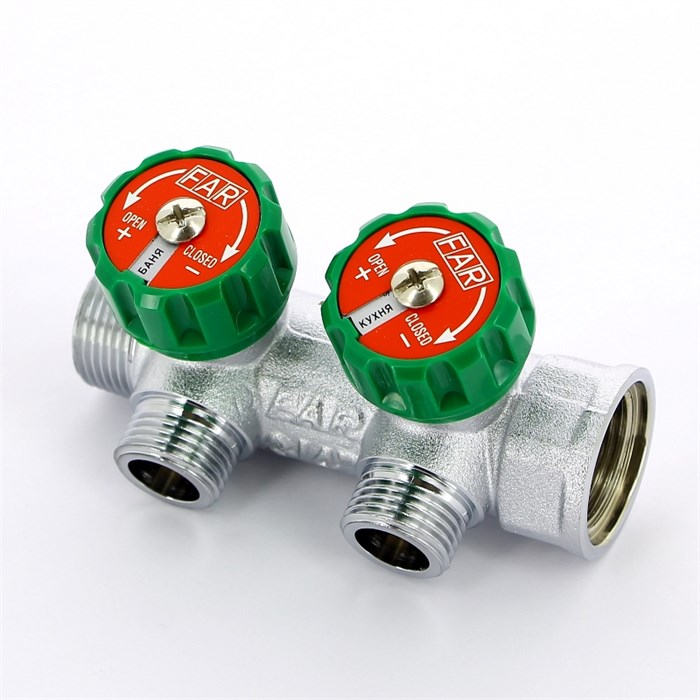 Регулирующий коллектор 3/4" (ВР-НР) с 2 отв. 1/2" НР (межосев. 45 мм), плск.упл. 859642