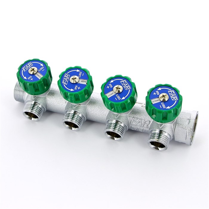 Регулирующий коллектор 3/4" (ВР-НР) с 4 отв. 1/2" НР (межосев. 45 мм) 871435