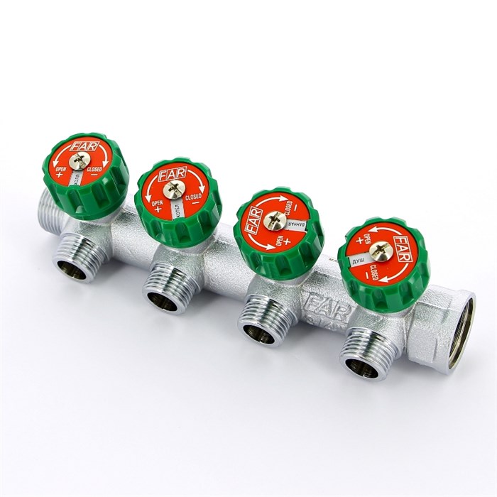 Регулирующий коллектор 3/4" (ВР-НР) с 4 отв. 1/2" НР (межосев. 45 мм), плс.упл. 862275