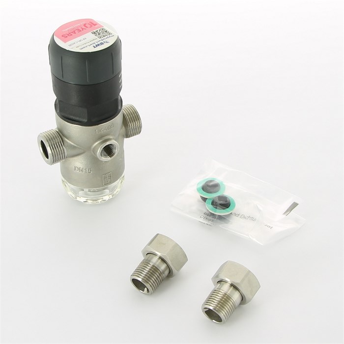 Редуктор давления 1/2" 1.5-7 бар PN16 D1 Inox нерж. сталь, для х/в, пластик. колба, с разъем. соед 871789