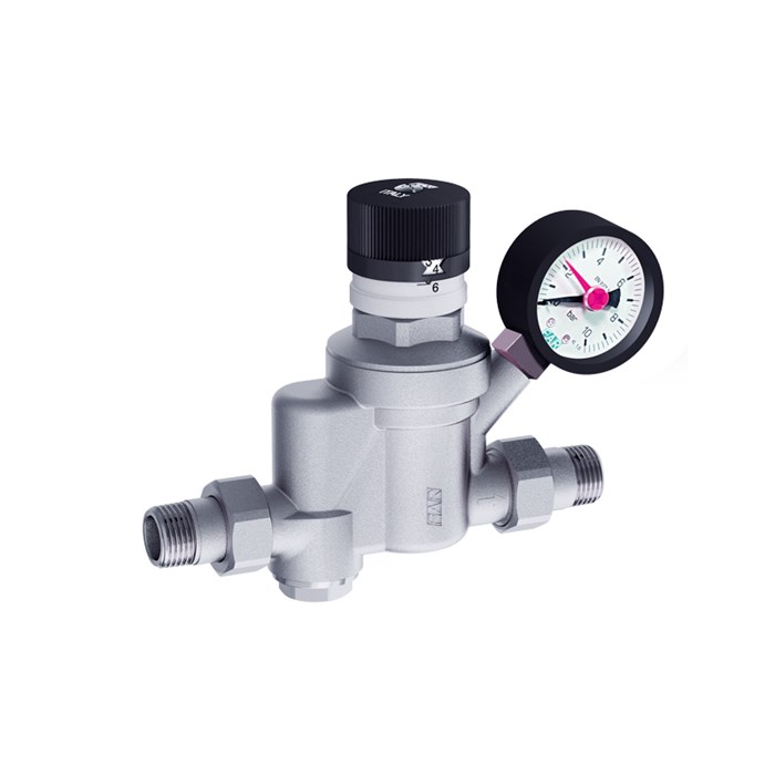 Редуктор мембранный 1/2" НН с разъемным соединением, 1-6 бар PN25, с манометром, с фильтром, хром 865749