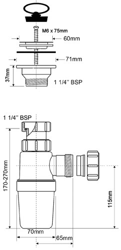 Сифон бутылочный (1 1/4'x32мм) с выпуском (60мм нержавеющая решетка), пробкой; выход компрессионный 864918