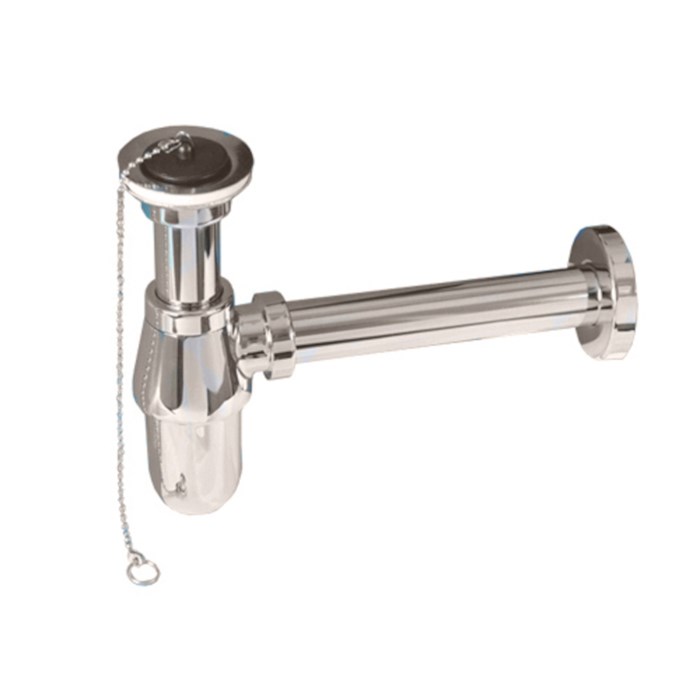 Сифон бутылочный латунный с выпуском (1 1/4"х32мм, D60мм сливная решётка), высокой колбой, пробкой, 857280