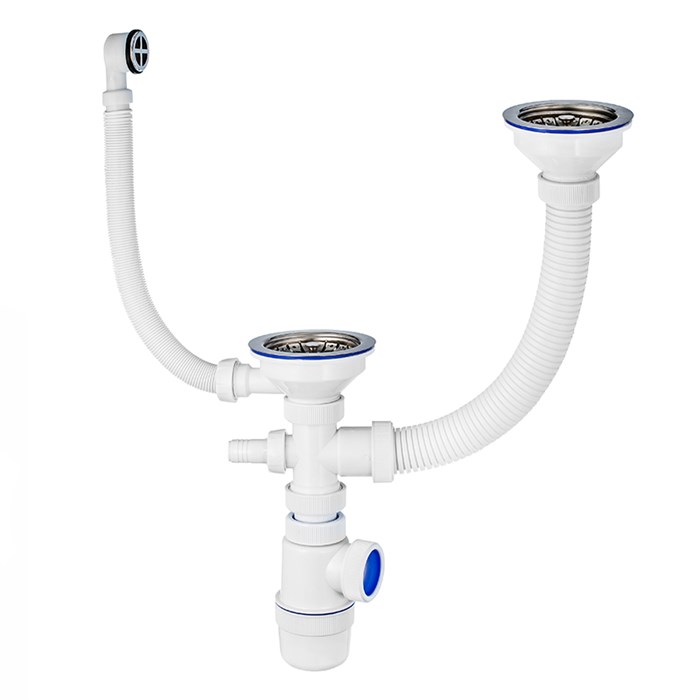 Сифон Элит 1 1/2 х 40 мм для двойной мойки с нерж. чашками D114 мм, с отводом и с круг.пер. L300 мм 865205