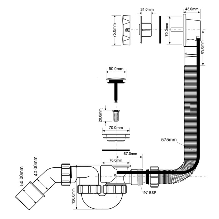 Слив-перелив L=575 х 34 мм, нерж.70 мм слив., пробкой, выход 40/50 мм, хром, пакет 865534