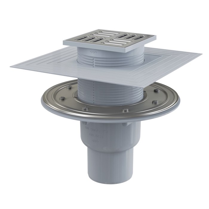 Трап 105 х 105 мм, H=159-229 мм, г/затвор комбин, воротник 2 уров., верт.выпуск 50/75 мм, нерж.сталь 859548