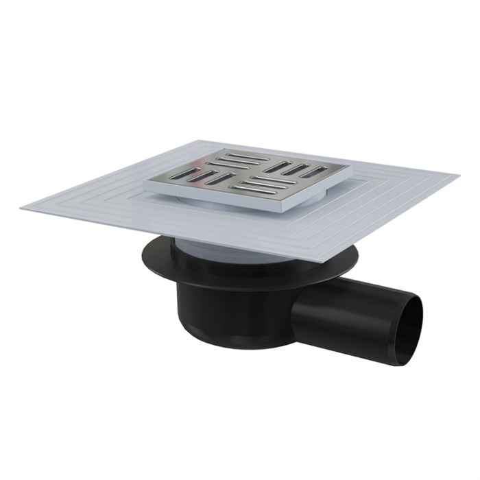 Трап 105 х 105 мм, H=90-113 мм, "сухой" затвор, воротник 2 уров., выпуск 50 мм, нерж.сталь 866718