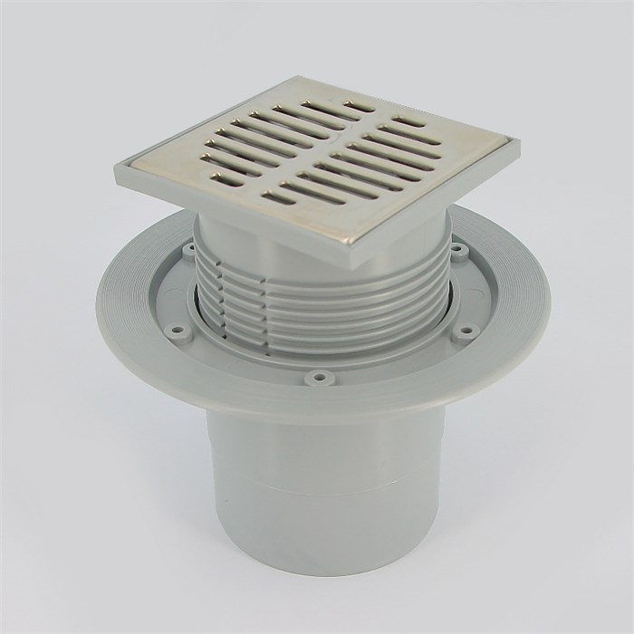 Трап 115 х 115 мм, "сухой" затвор H=87-145 мм, выход 110 мм вертикальный, нерж.сталь 874022