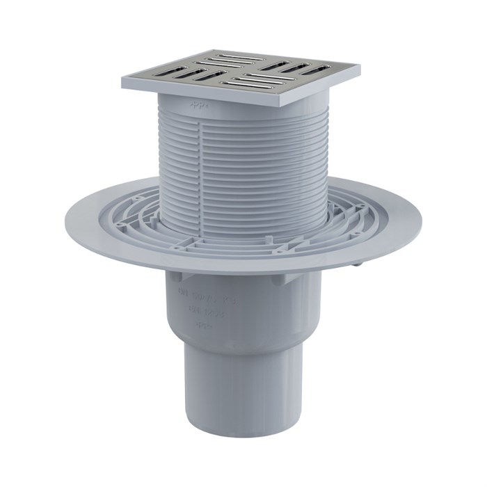 Трап квадратный 105х105 мм с вертикальным отводом 50мм, решеткой из нержавеющей стали, мокрым гидроз 883961