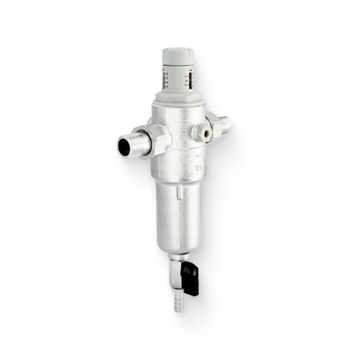 Фильтр промывной с редуктором давления 1/2" В 1-6 бар PN25 с отверстием под аксиальный манометр 1/4" 863621