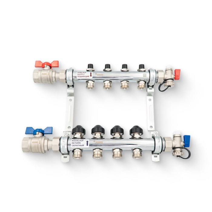 Коллекторная группа с шар. кранами HKV 1" х 4 вых. 3/4"ЕК, с баланс-ными и терм. вент, нерж.сталь 915979