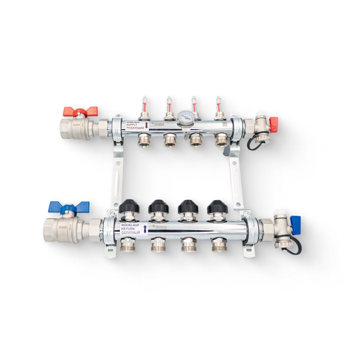 Коллекторная группа с шар. кранами HKV-D 1" х 7 вых. 3/4"ЕК, с расх-рами и терм. вент, нерж.сталь 915986