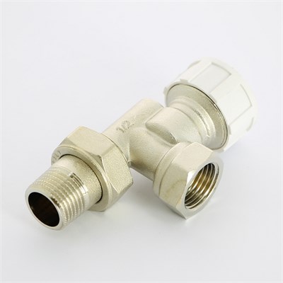 Вентиль термостатический угловой-осевой НВ 1/2" с разъёмным соединением, никелированный 881901