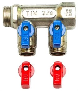 Распределительный коллектор флажковый с шаровыми кранами TIM 3/4"-1/2" - 2 выхода (красные и синие ручки)  [1 шт.], арт. MV-3/4-N-2 MV-3/4-N-2