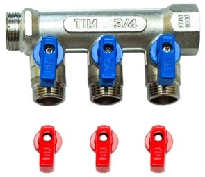 Распределительный коллектор флажковый с шаровыми кранами TIM 3/4"-1/2" - 3 выхода (красные и синие ручки)  [1 шт.], арт. MV-3/4-N-3 MV-3/4-N-3