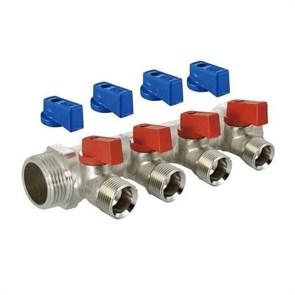 Распределительный коллектор флажковый с шаровыми кранами TIM 3/4"-1/2" - 4 выхода (красные и синие ручки)  [1 шт.], арт. MV-3/4-N-4 MV-3/4-N-4