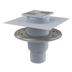 Трап 105 х 105 мм, H=159-229 мм, г/затвор комбин, воротник 2 уров., верт.выпуск 50/75 мм, нерж.сталь 859548