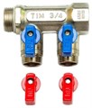 Распределительный коллектор флажковый с шаровыми кранами TIM 3/4"-1/2" - 2 выхода (красные и синие ручки)  [1 шт.], арт. MV-3/4-N-2 MV-3/4-N-2